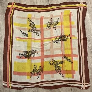 Vintage Patterned Silk Scarf with Bagpiper Design Orange, Yellow, Brown, White
